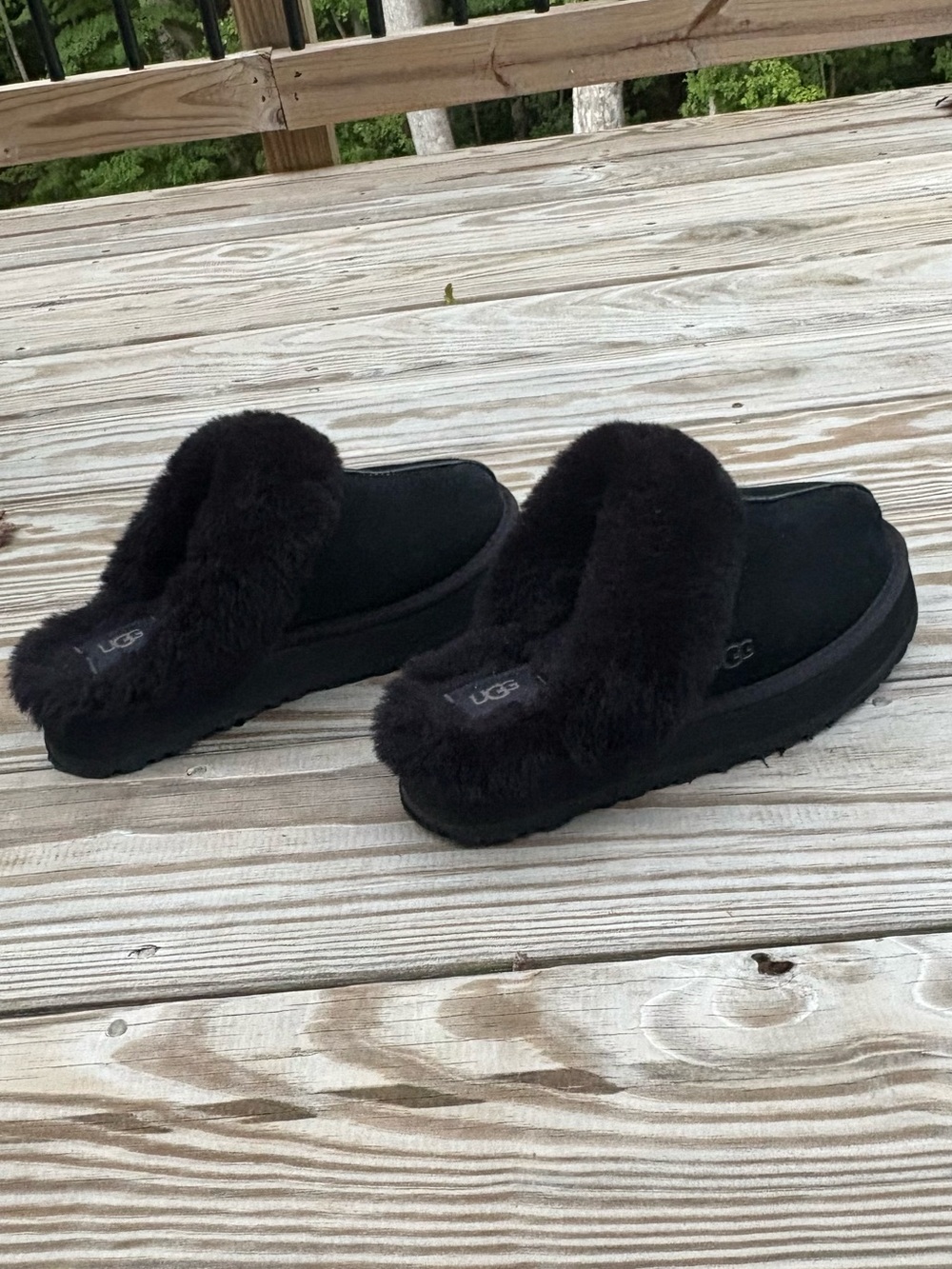 UGG Black Plush Shearling Platform Disquette Slippers